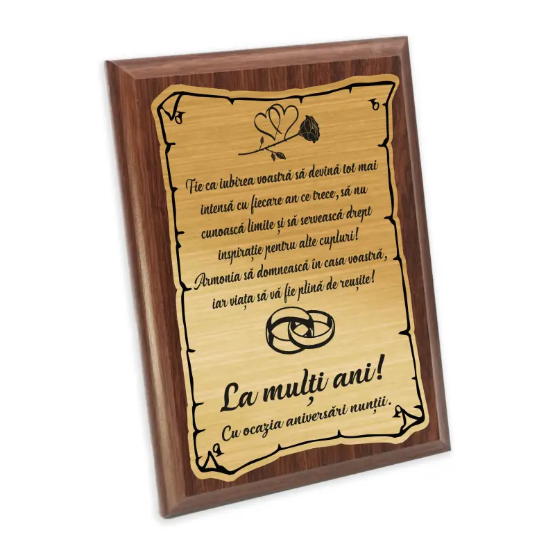 Aniversare casatorie, fie ca iubirea voastra..., placheta lemn personalizata prin gravura